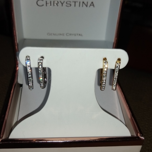 Chrystina Two-Tone Crystal Hoop Earring Set - Picture 4 of 8